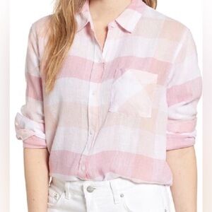 Rails Charli Linen Blend Peach Pink White Plaid  Buttons light airy office US S